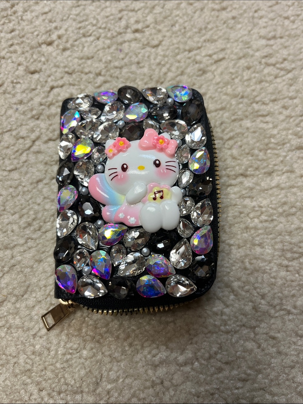 Hello Kitty Inspired Black Rhinestone Zipper Wallet